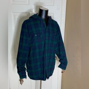 LL Bean Hoodie Mens X Large Green Flannel Shacket Fleece Lined Traditional Fit‍‍